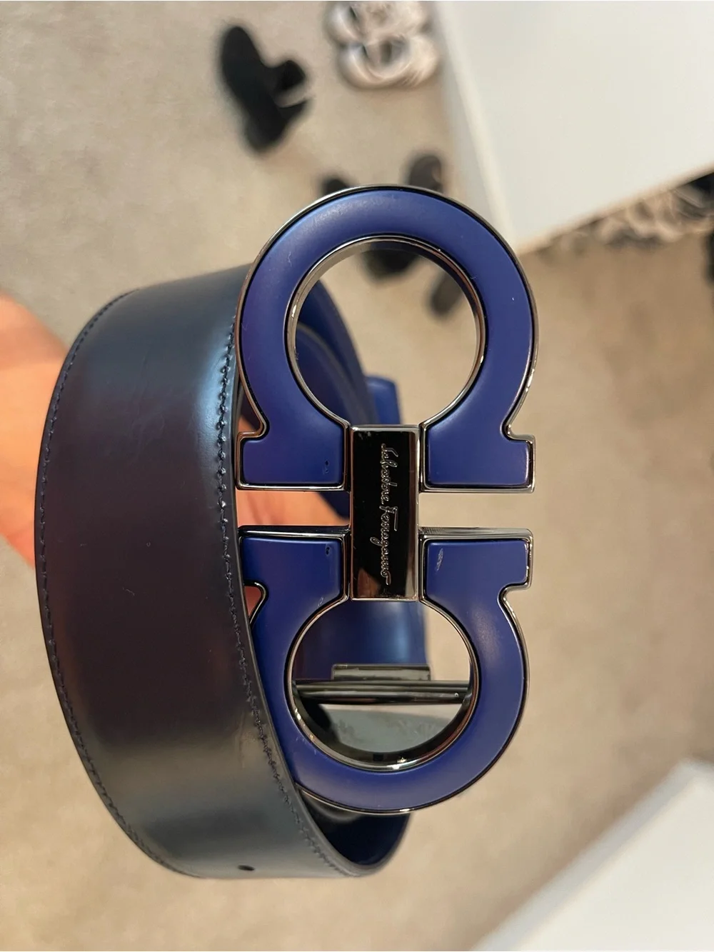 Salvatore Ferragamo Men’s Navy Blue Gancini Leather Belt